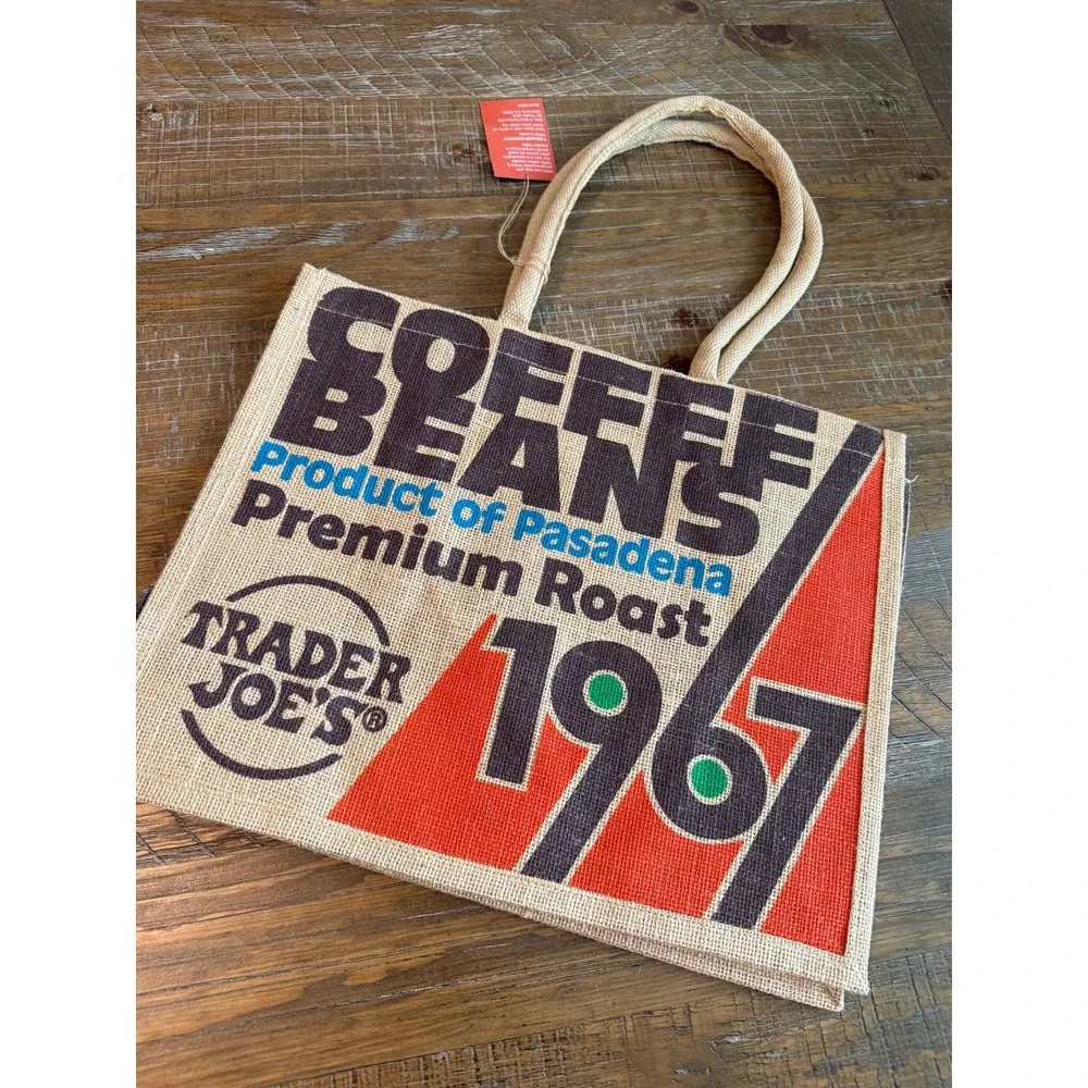Trader Joes 1967 Coffee Beans Pasadena Jute Tote Bag Reusable 9‎ Gallon NWT